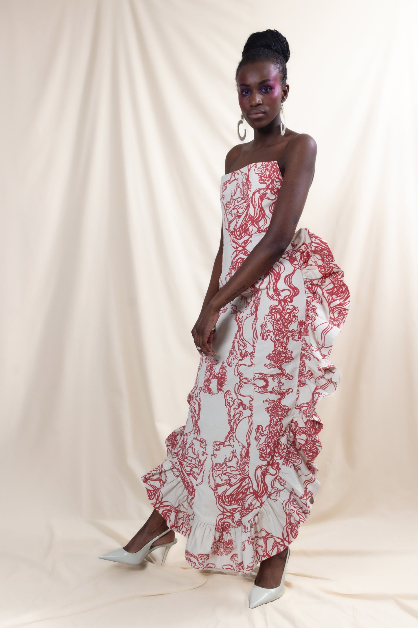 Printed Strapless Frill Dress (ML140)