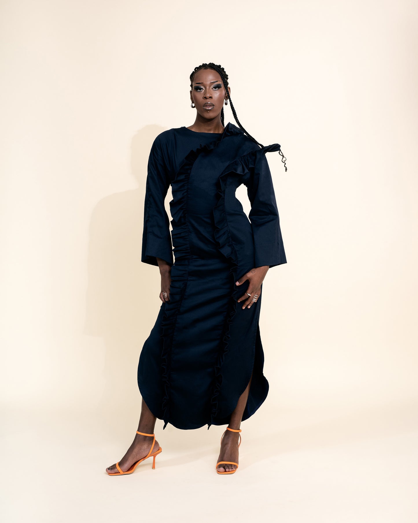 navy ruffle evening dress
