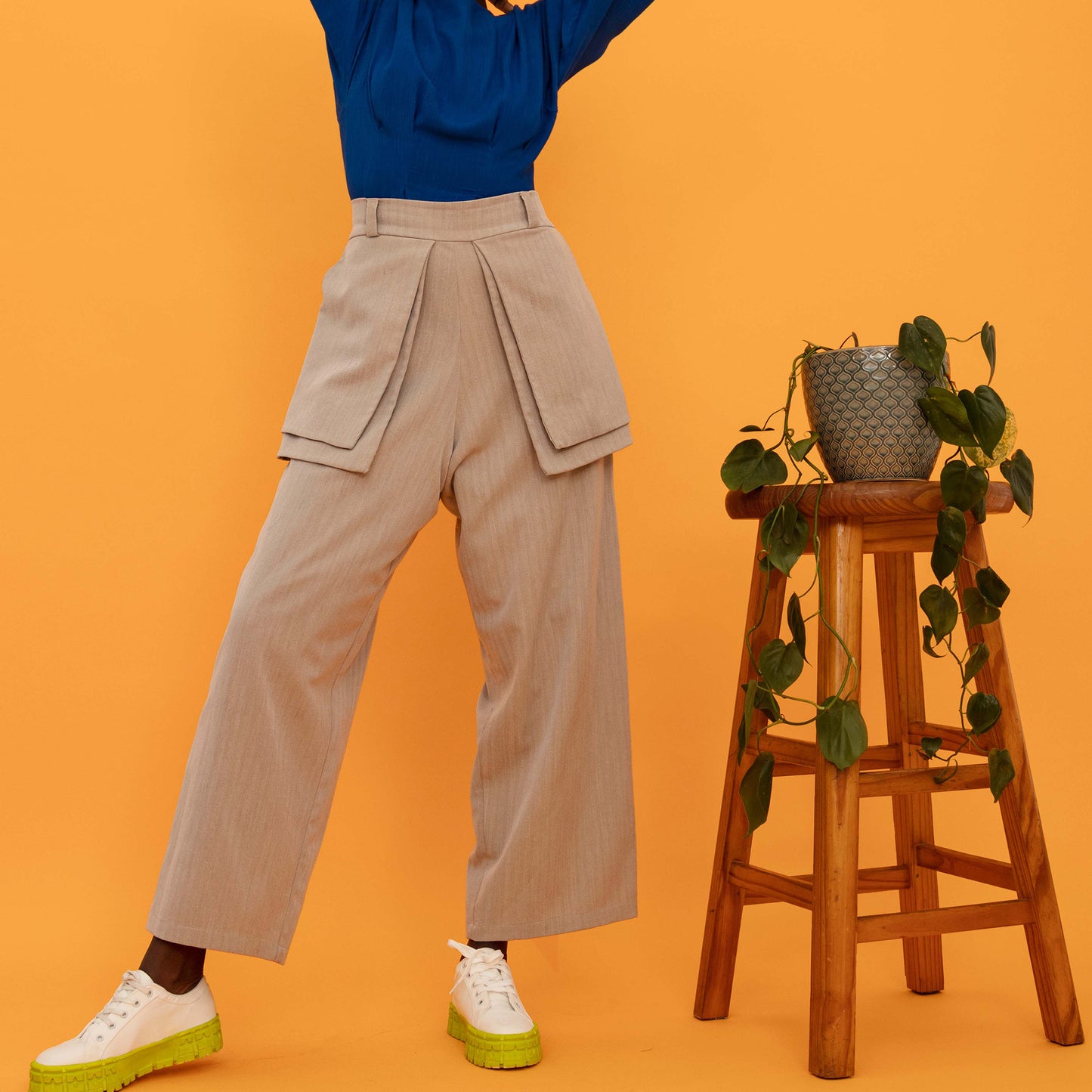 Cream/White Herringbone Double Pocket Trouser (ML55)