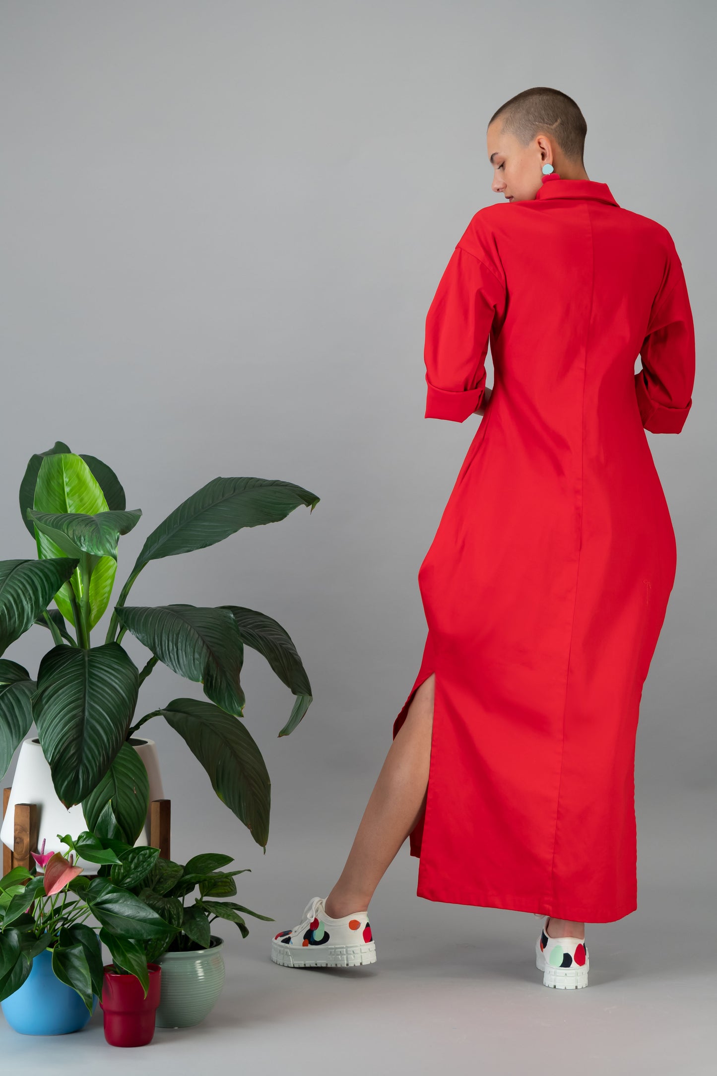 Red long sleeve shirt dress