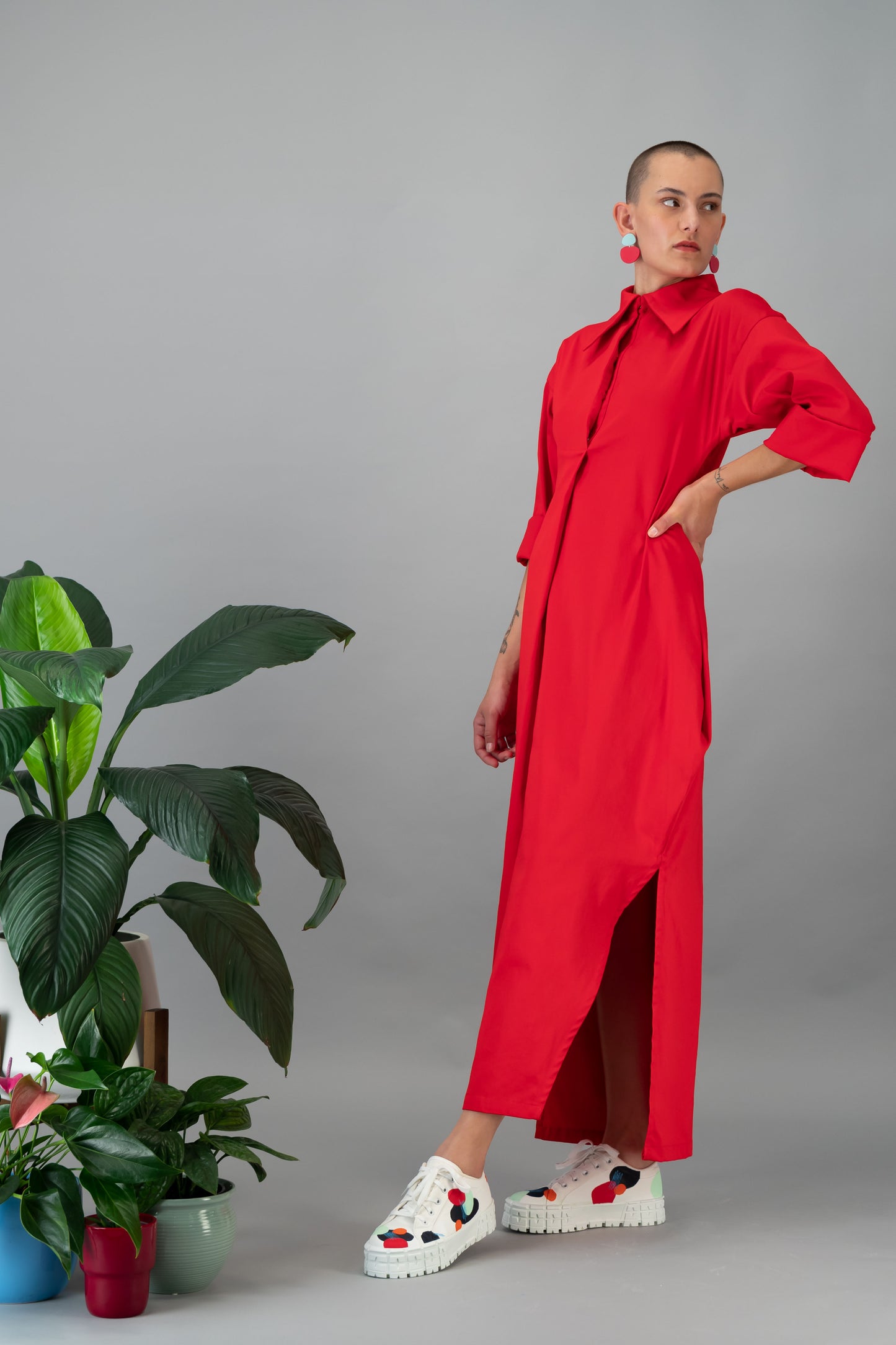 Red collar maxi dress