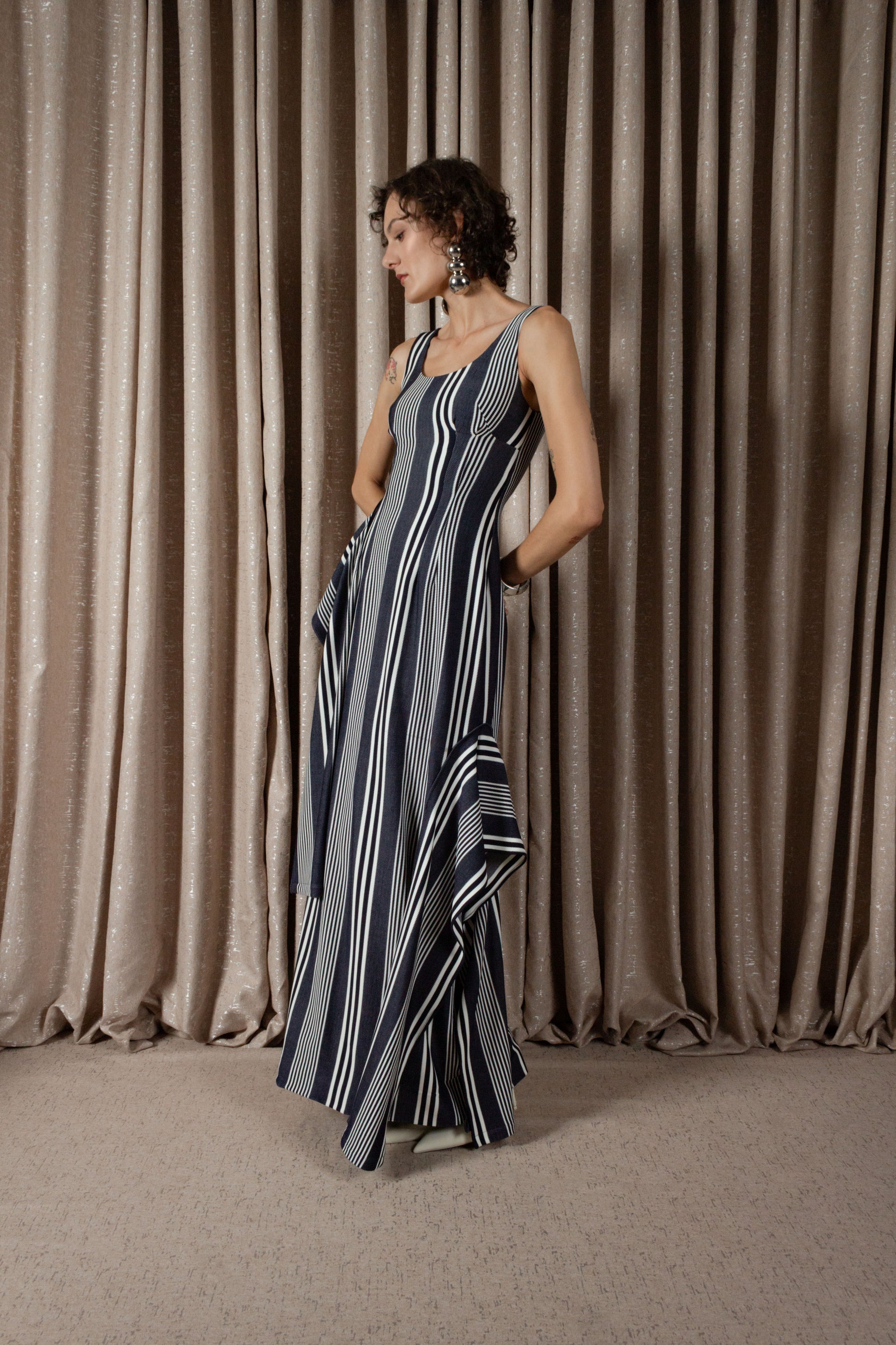 Bold Stripe Column Drape Dress (ML197)