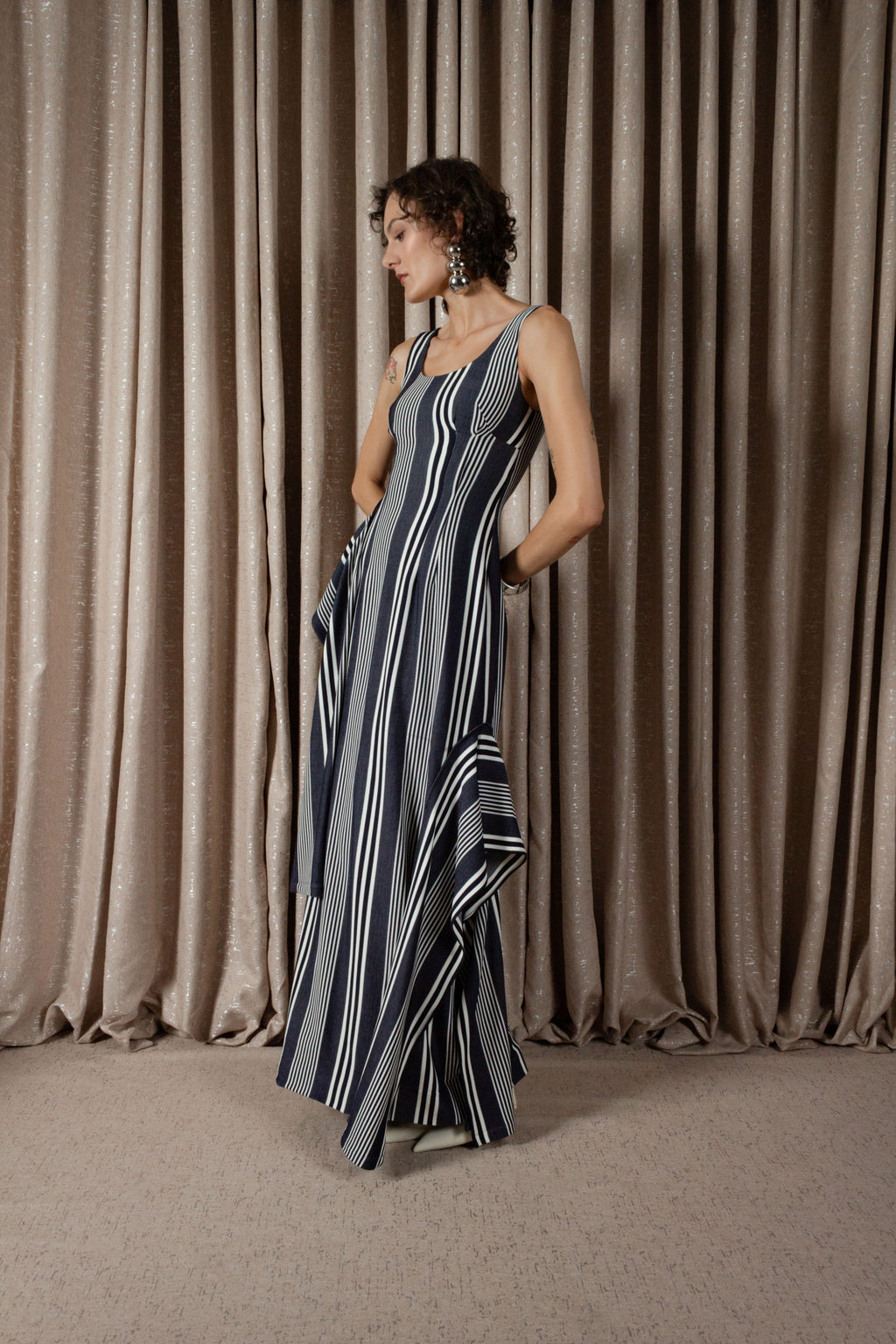 Bold Stripe Column Drape Dress (ML197)