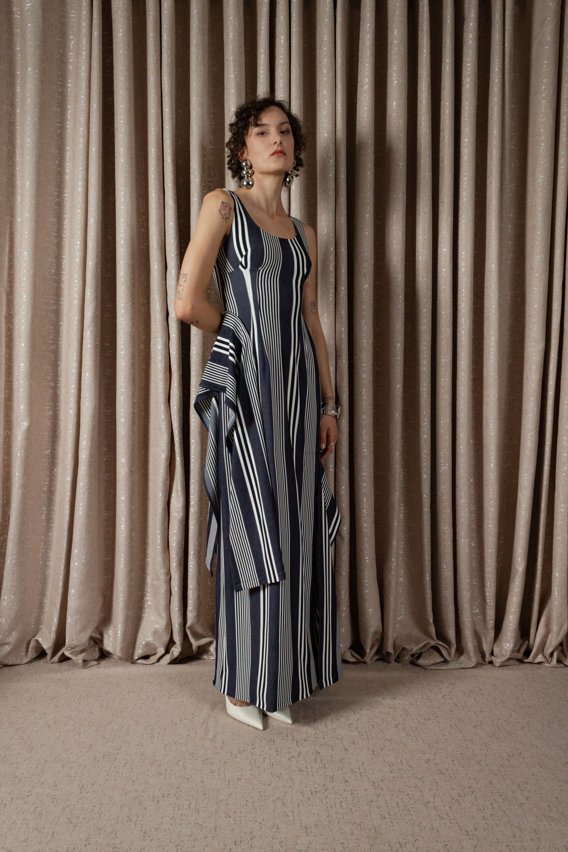 Bold Stripe Column Drape Dress (ML197)
