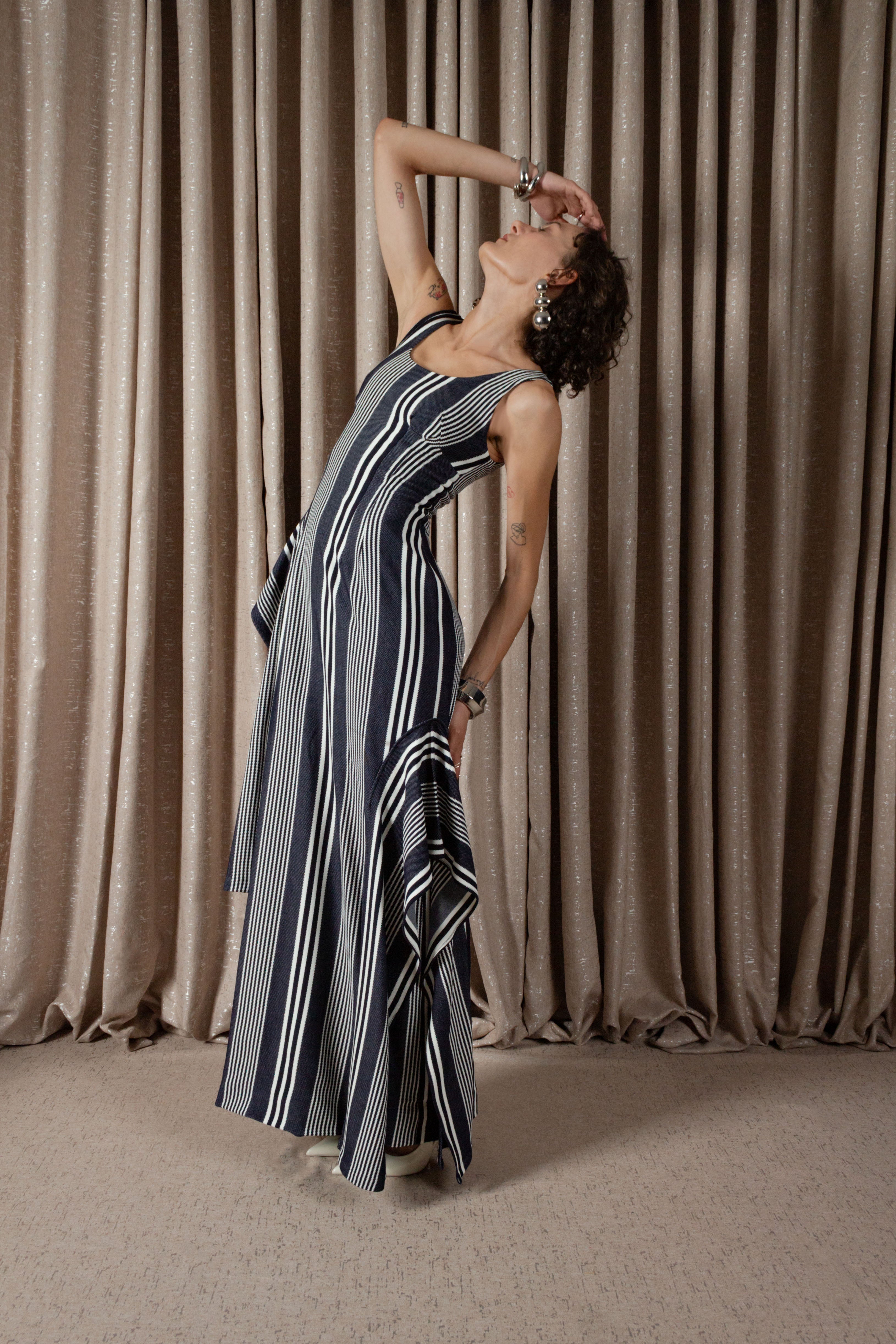 Bold Stripe Column Drape Dress (ML197)