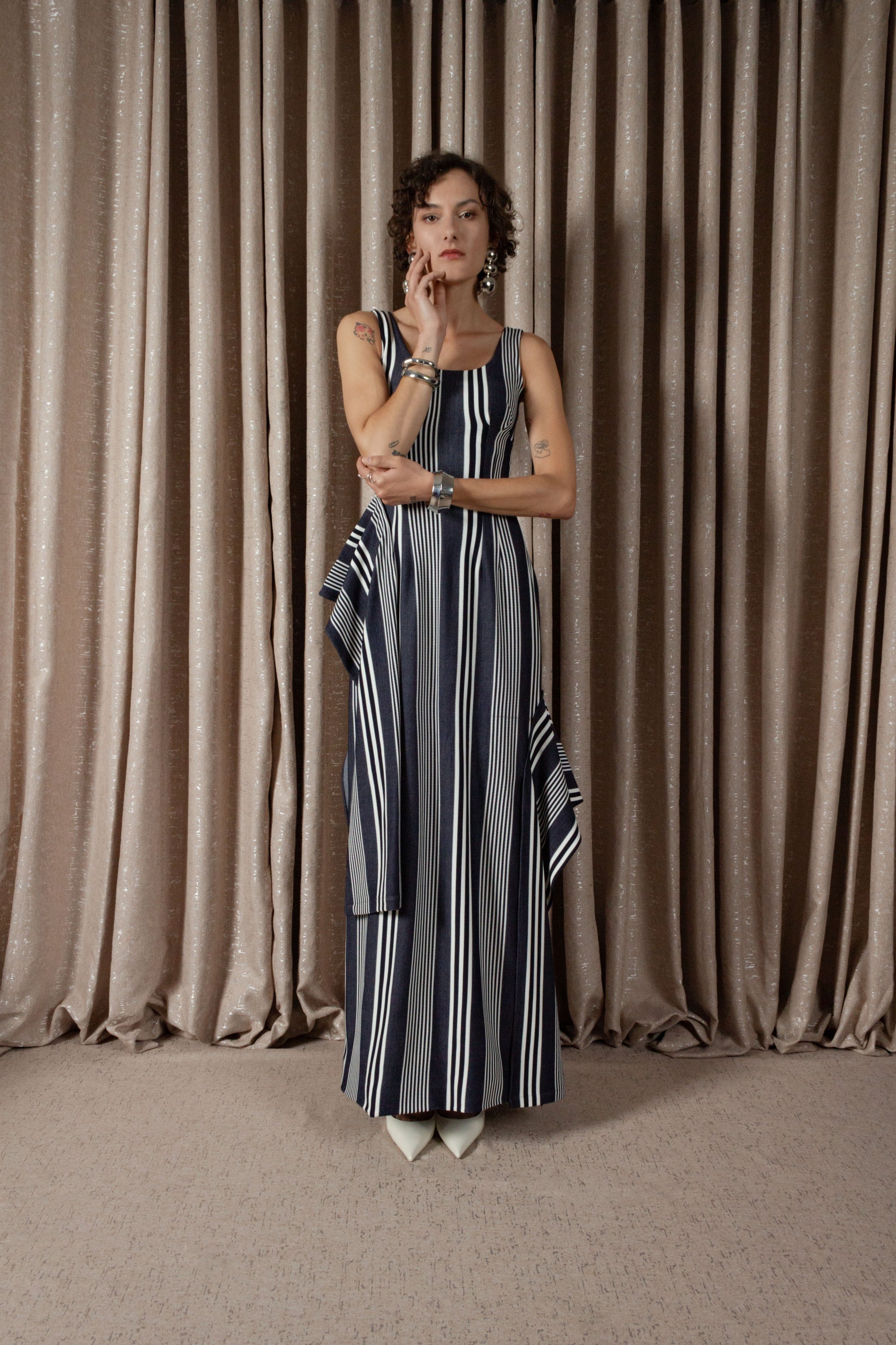 Bold Stripe Column Drape Dress (ML197)