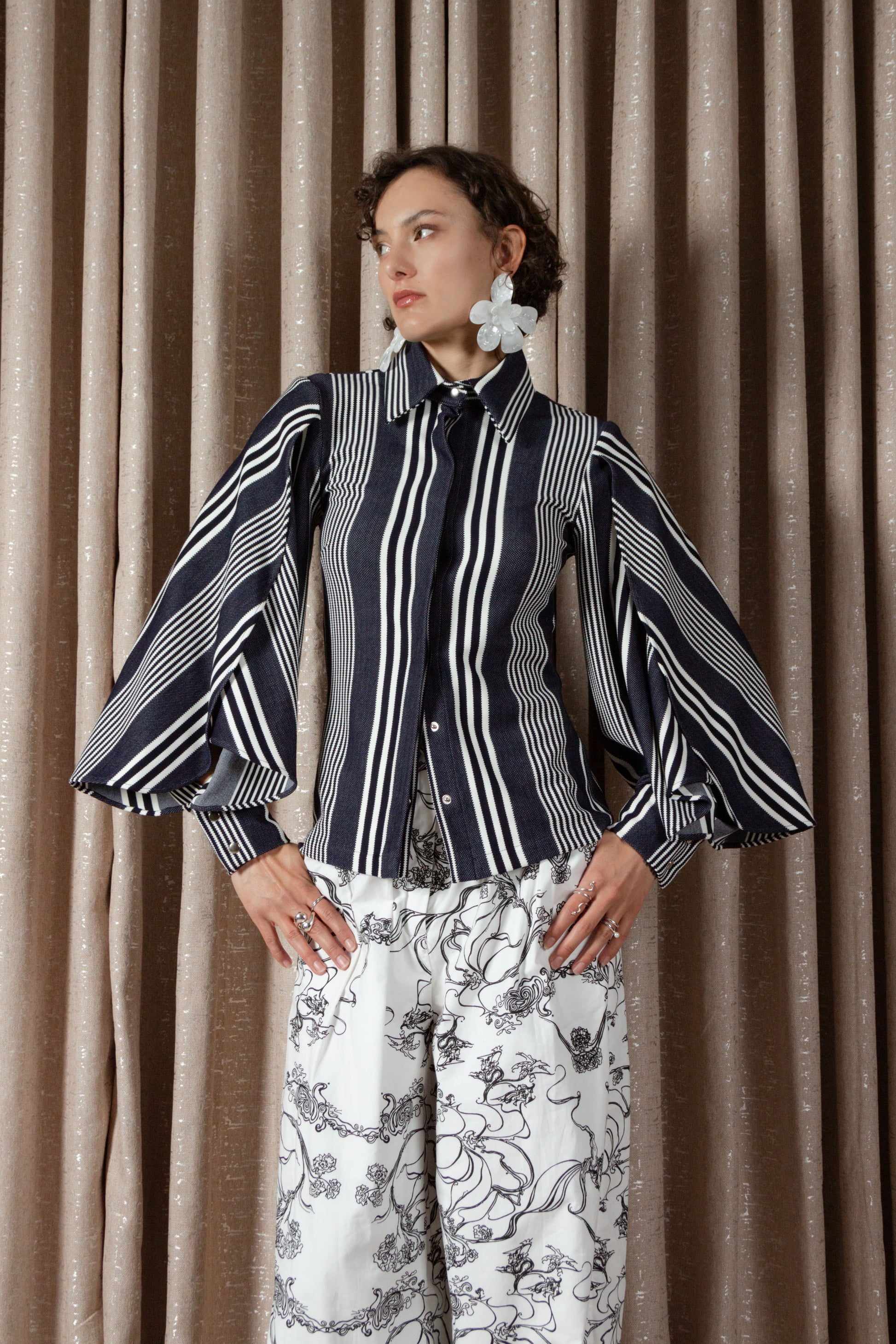 Bold Stripe Petal Sleeve Shirt (ML199)