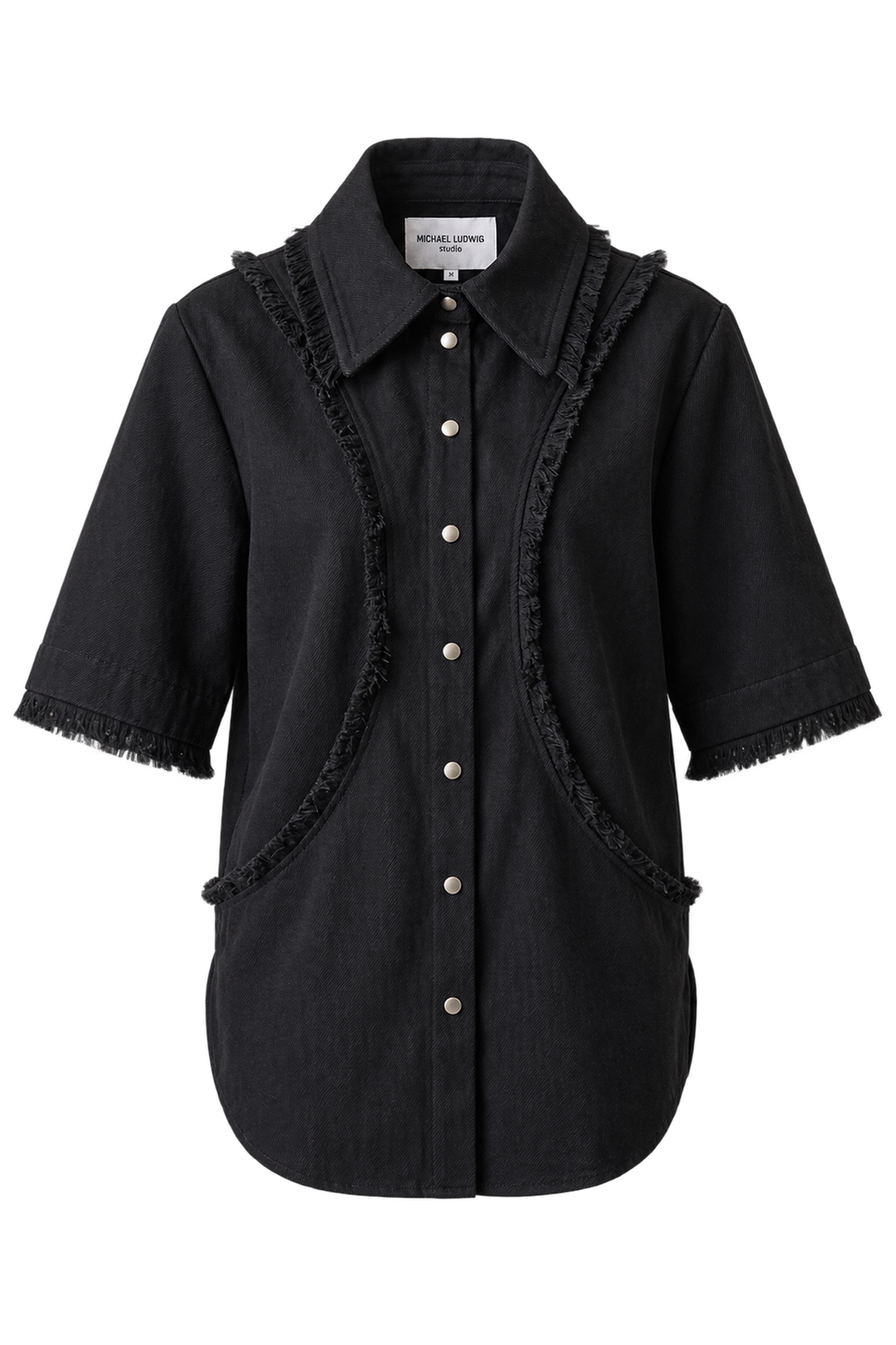Fringe Denim Shirt with Fringe Panel, short sleeve, denim shirt.