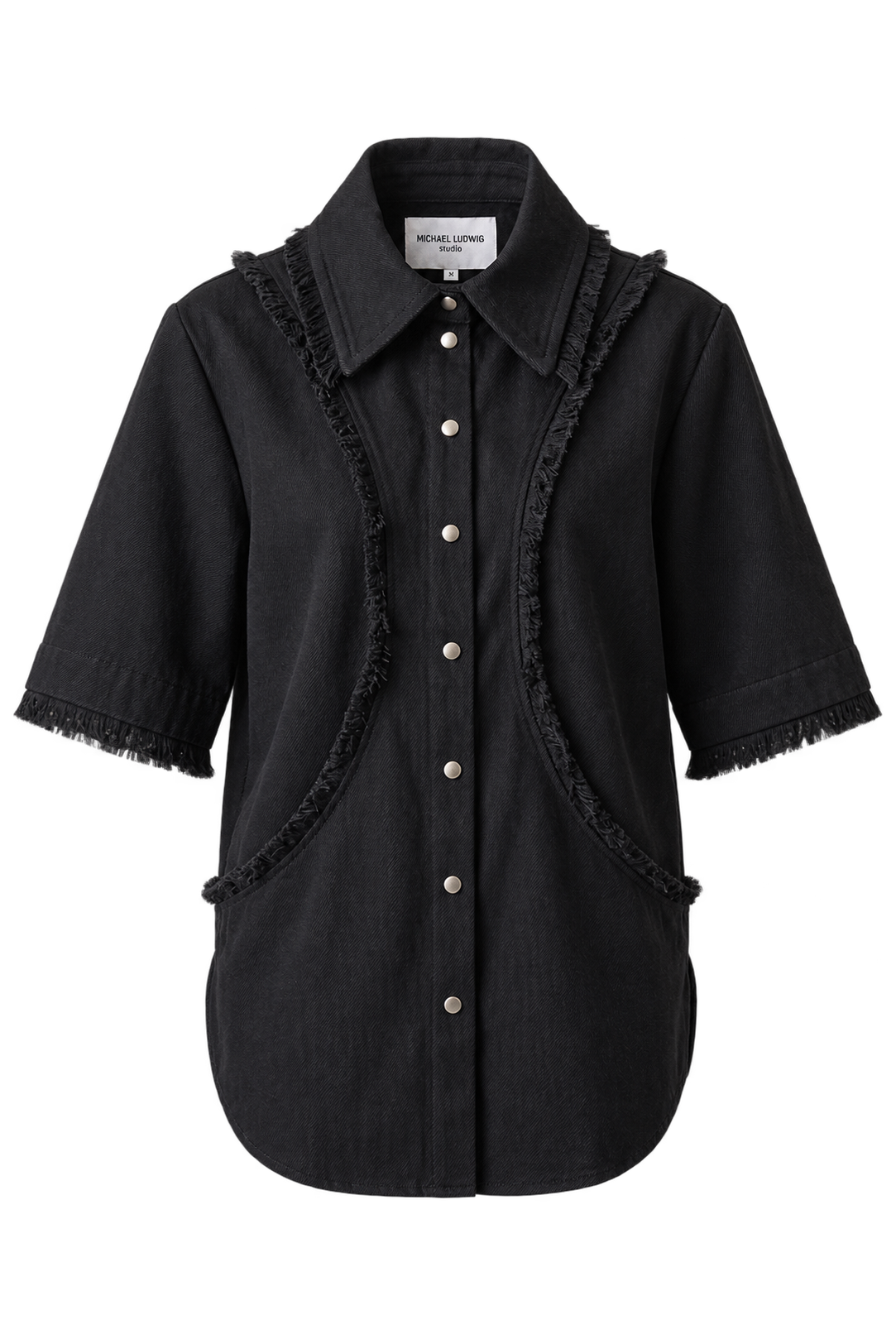 Fringe Denim Shirt with Fringe Panel, short sleeve, denim shirt.