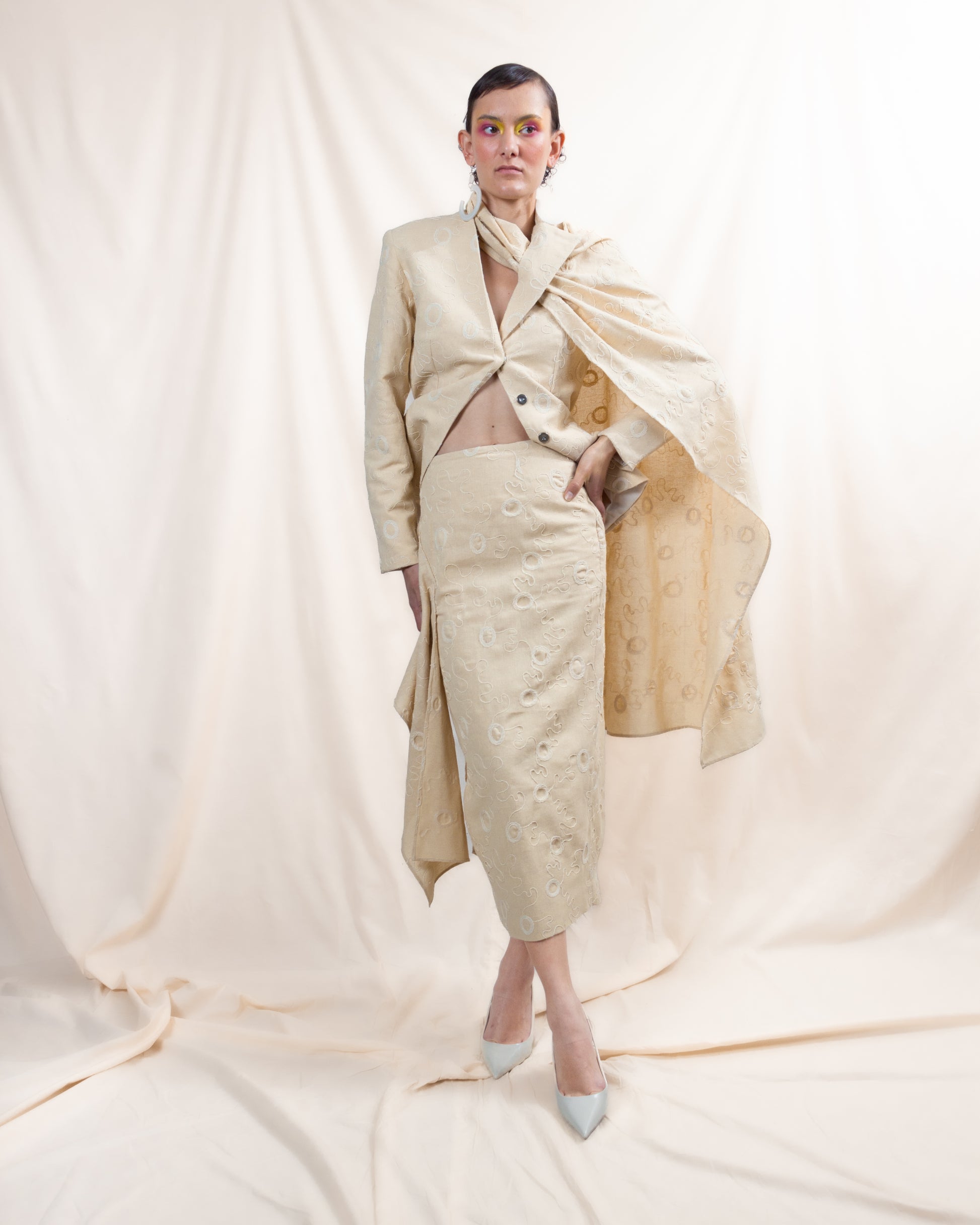 Embroidered Drape Midi Skirt (ML127)