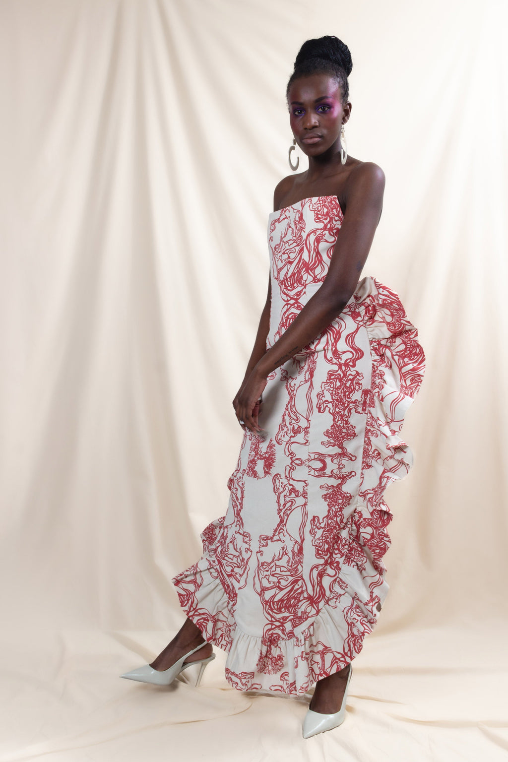 Printed Strapless Frill Dress (ML140)