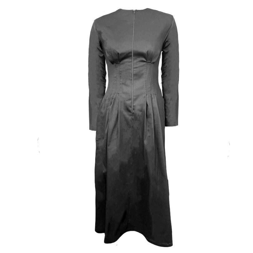 black pleat dress long sleeve (ml78)