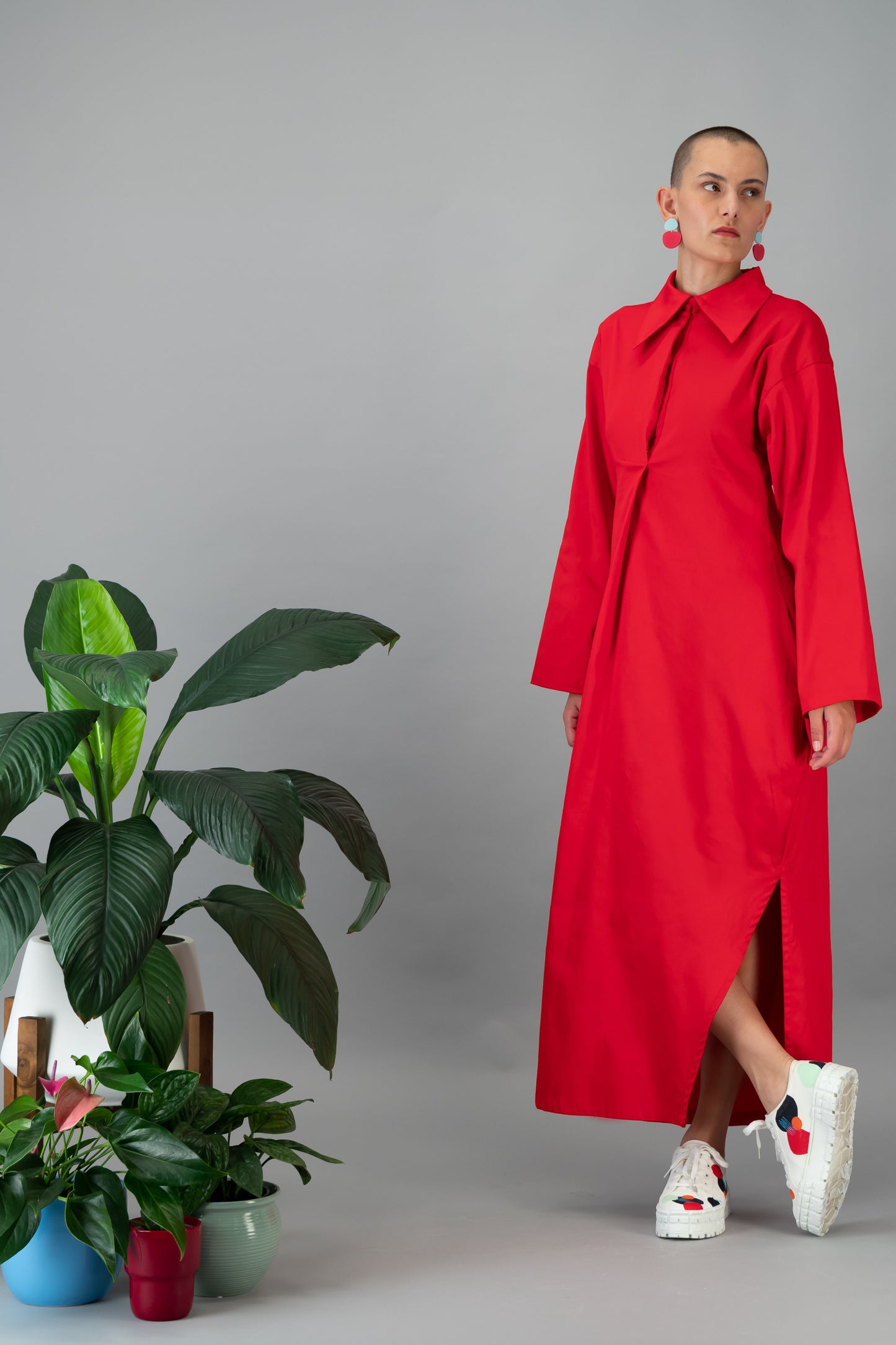 red placket maxi length dress